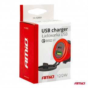 Зарядний пристрій AMIO USB (QC 3,0A)+Type C (18W), 12/24V, червоний, 02859 MOD-09